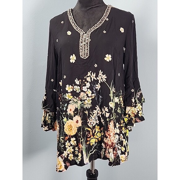 Coco + Carmen L/XL Tunic Floral Tiered Ruffle Sleeve Boho Bead Embellished Top - Picture 1 of 12